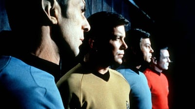 Actors in the TV series Star Trek, from left, Leonard Nimoy as Commander Spock, William Shatner as Captain Kirk, DeForest Kelley as Doctor McCoy and James Doohan as Commander Scott. Paramount Television / AP photo
