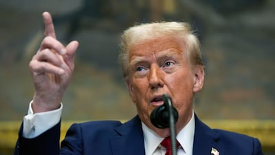 President Donald Trump speaks in the Roosevelt Room of the White House in Washington. AP