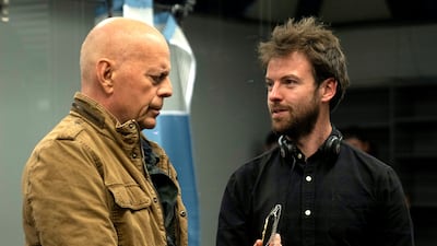 Willis and Drake on the set of Detective Knight: Independence (2023)