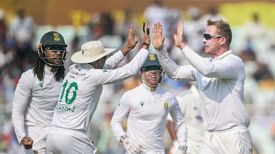 Simon Harmer, right, took 4-21 as South Africa defeated India by 30 runs in the first Test at Eden Gardens in Kolkata on November 16, 2025. AFP