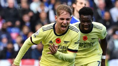Arsenal midfielder Emile Smith Rowe celebrates after scoring their second. AFP