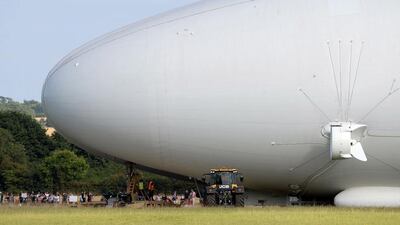 The Airlander 10, part plane, part airship, goes through pre-flight checks at Cardington airfield. Joe Giddens / PA