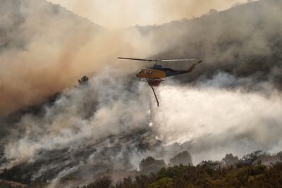 A firefighting helicopter drops water to extinguish a wildfire in Krieza, on Evia Island, Greece, on Tuesday. Bloomberg