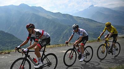 Brandon McNulty, Tadej Pogacar and Jonas Vingegaard lead the stage. AFP