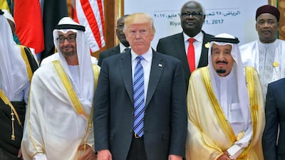 US President Donald Trump with Saudi King Salman and Sheikh Mohamed bin Zayed at the Arab Islamic American Summit at the King Abdulaziz Conference Centre in Riyadh in 2017. AFP