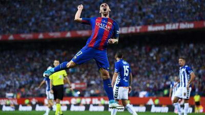 Barcelona’s Paco Alcacer scores his team’s third goal in a 3-1 win. David Ramos / Getty Images