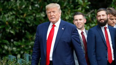 President Donald Trump walks back to the White House in Washington after greeting guests on the South Lawn, Thursday, October 3, 2019. AP