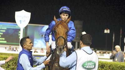 William Buick guided Divine Image to victory in the UAE Oaks at Meydan Racecourse in Dubai on Thursday night. Pawan Singh / The National