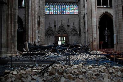 Debris inside the Notre-Dame Cathedral after the blaze. AFP