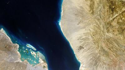 A satellite view of the Bab Al Mandeb strait between Yemen and Djibouti. Getty