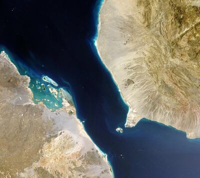 Satellite view of the Bab ElMandeb Strait between Yemen and Djibouti, north of Somalia. It connects the Red Sea to the Gulf of Aden. Getty