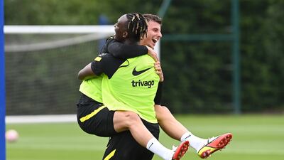 COBHAM, ENGLAND - AUGUST 13: Tammy Abraham and Mason Mount of Chelsea during a training session at Chelsea Training Ground on August 13, 2021 in Cobham, England.
