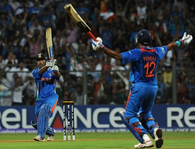 India captain MS Dhoni hits the winning six in the 2011 ODI World Cup final against Sri Lanka in Mumbai. AFP