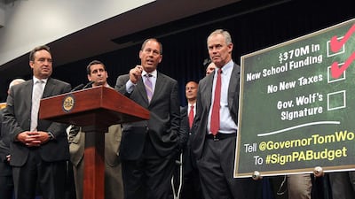 Pennsylvania state senator Jake Corman, right centre, is under pressure over Pennsylvania's gerrymandering case. AP Photo/Chris Knight