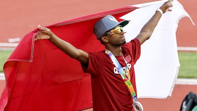 Mutaz Barshim celebrates after winning the men's high jump final at the World Athletics Championships at Hayward Field in Eugene, Oregon, USA, on July 18 2022. EPA