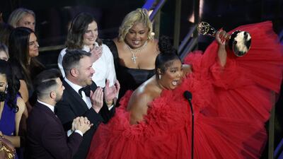 Lizzo and other cast members celebrate as she accepts the award for Outstanding Competition Programme for 'Lizzo's Watch Out for the Big Grrrls', at the Emmy Awards in Los Angeles. Reuters