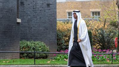 Crown Prince of Abu Dhabi and Deputy Supreme Commander of the Armed Forces, Sheikh Mohamed bin Zayed prepares to enter 10 Downing Street, London, for talks with British Prime Minister Boris Johnson. Ministry of Presidential Affairs