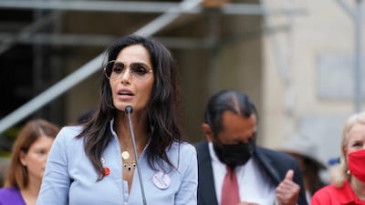 Speaking during the Women's March, in Houston. AP