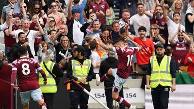 West Ham's Manuel Lanzini celebrates after scoring their third goal. Reuters