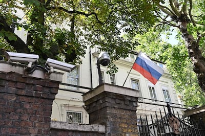 Surveillance cameras at the entrance to the Russian consulate in London, July 21, 2020. Russia's ambassador to Britain said on March 21, 2021 that diplomatic ties between the two countries were "nearly dead", after a UK strategic review this week branded Moscow an "acute direct threat". AFP