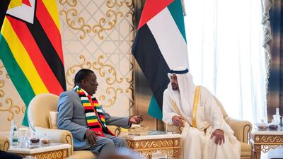 Sheikh Mohamed bin Zayed, Crown Prince of Abu Dhabi and Deputy Supreme Commander of the UAE Armed Forces, and Emmerson Mnangagwa, President of Zimbabwe. Ryan Carter for the Ministry of Presidential Affairs