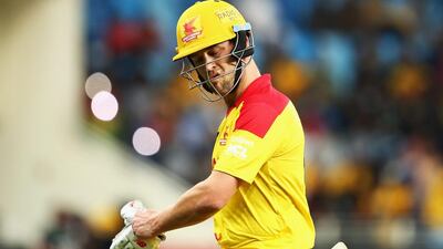 DUBAI, UNITED ARAB EMIRATES - JANUARY 29: Jonathan Trott of Sagittarius Strikers reacts after being dismissed by Brett Lee of Virgo Super Kings during the Oxigen Masters Champions League 2016 match between Virgo Super Kings and Sagittarius Strikers at Dubai International Cricket Stadium on January 29, 2016 in Dubai, United Arab Emirates. (Photo by Francois Nel/Getty Images)