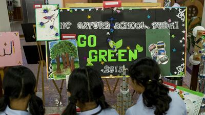 Esha Franson, Swetha Sivakumar and Neelanjana Suresh, at JSS Private School, at last year’s recycling exhibition. Antonie Robertson / The National
