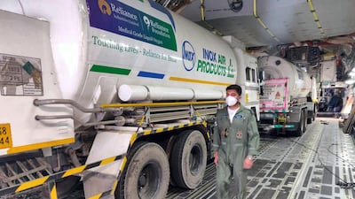 IAF C-17 airlifted 6 Cryogenic oxygen containers from Dubai Airports. Indian Air Force twitter