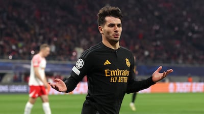 Brahim Diaz celebrates after scoring for Real Madrid against RB Leipzig in the Champions League last-16 first leg. Getty Images