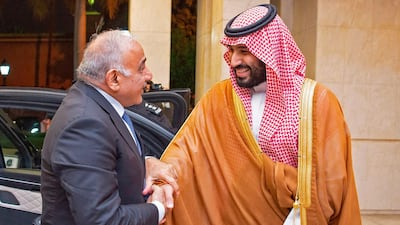 Saudi Crown Prince Mohammed bin Salman, right, shaking hands with Iraqi Prime Minister Adel Abdel Mahdi during a reception for the latter in the Saudi Red Sea coastal city of Jeddah. AFP