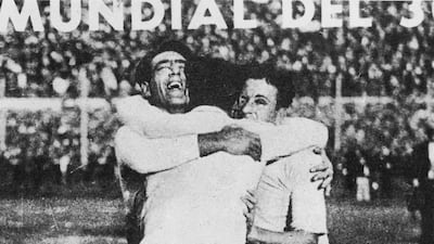 Uruguay players Lorenzo Fernandez, Pedro Cea and Hector Scarone celebrate being champions of the world. Getty Images