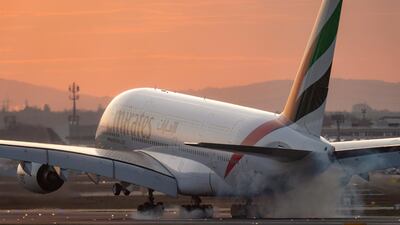 An Emirates Airbus A380 plane lands at Frankfurt Airport, Germany, 16 March 2020. Thorsten Wagner