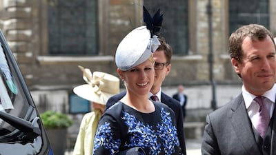 Zara Tindall, wearing a navy and blue floral dress, a service of Thanksgiving to celebrate Queen Elizabeth II's 90th birthday at St Paul's Cathedral on June 10, 2016. Getty Images
