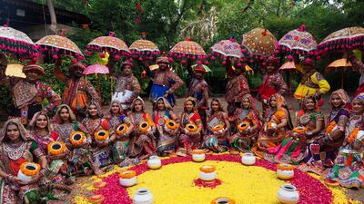 Participants from an art group rehearse a garba dance in Ahmedabad. AFP