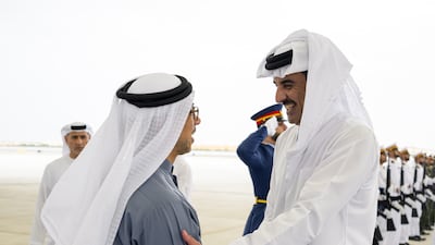 Sheikh Mansour bin Zayed, Vice President and Deputy Prime Minister, greets Sheikh Tamim