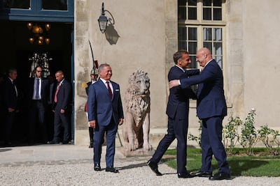 Emmanuel Macron with the Lebanese President Joseph Aoun and Jordan's King Abdullah II, left. AFP