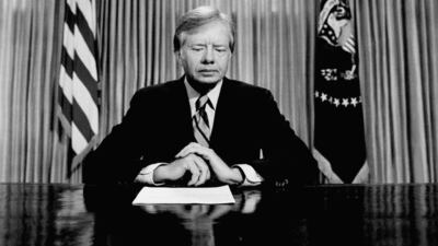 Mr Carter prepares to make a national television address from the Oval Office at the White House, April 25, 1980, in Washington. AP