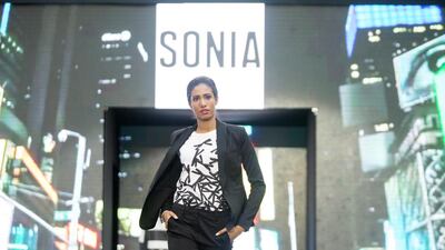 A model walks the runway during the Sonia by Sonia Rykiel autumn/winter 2015 collection show during the opening day of Yas Mall fashion week at Yas Mall. Christopher Pike / The National