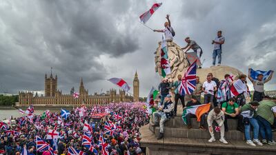 Far-right protesters during the "Unite The Kingdom" rally at Westminster Bridge in London. Getty Images