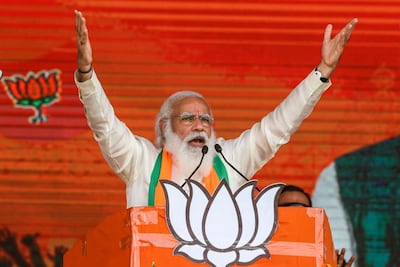 A file photo of Indian Prime Minister Narendra Modi addressing a public rally during the West Bengal state elections. AP
