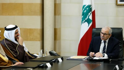 Lebanese Prime Minister Nawaf Salam meets Qatar's Minister of State at the Ministry of Foreign Affairs, Mohammed Al Khulaifi, at the Government Palace in Beirut. EPA