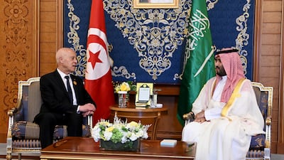 Tunisian President Kais Saied, left, with Saudi Crown Prince Mohammed bin Salman. AP