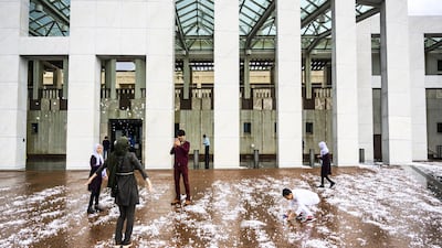 Golf ball-sized hail is shown at Parliament House in Canberra, Australia. Getty Images