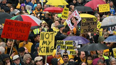 The anti-royalist group Republic staged a protest near the route of the coronation. AP