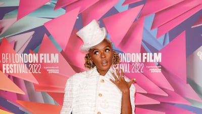 Janelle Monae, wearing a white version of the Thom Browne ensemble she wore two days earlier, at the London Film Festival on October 16, 2022. Getty Images