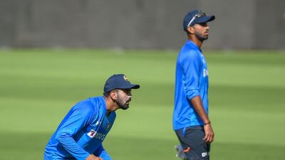 KL Rahul, left, and Washington Sundar during training at the Narendra Modi Stadium. AFP