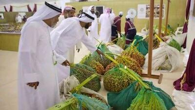 People inspect the bushels of dates in last year's competition during the Date Festival in Liwa.
