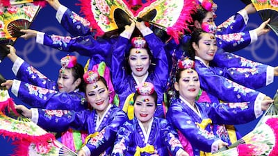 Dancers perform prior to a medal ceremony at the 2018 Winter Olympic Games in Pyeongchang, South Korea. Ezra Shaw / Getty Images