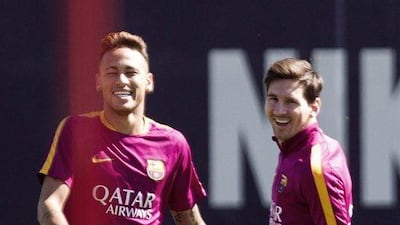 FC Barcelona’s Argentinian striker Lionel Messi (R), and Brazilian Neymar (L) during a training session at Joan Gamper sport complex, outside Barcelona, northeastern Spain, 16 April 2016. The team prepares for their upcoming La Liga match against Valencia CF at Barcelona’s Camp Nou stadium on next 17 April. EPA/Quique Garcia