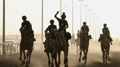 Danish jockey Laura Jurs rides Shaheen to victory in the closing event of this year’s Female Camel Racing Series C1 Championship Carnival, near Dubai. EPA